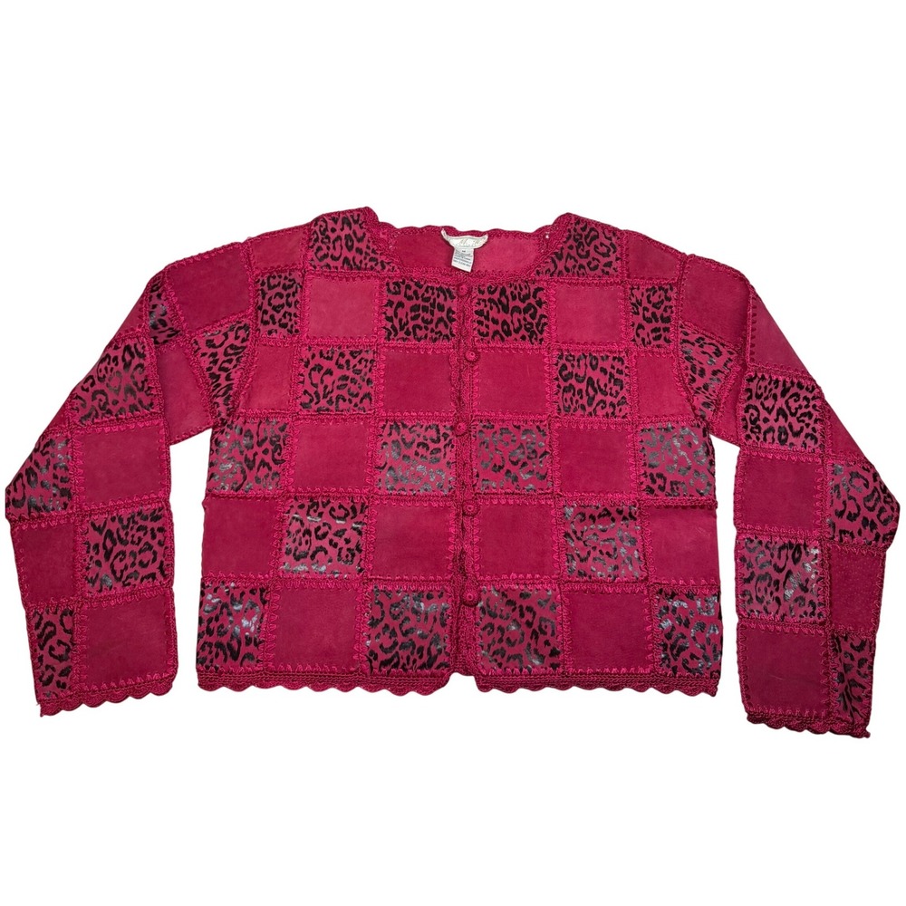 VTG Pink‎ Patchwork Leather Leopard Crochet Cardigan Jacket Womens Medium Bratz